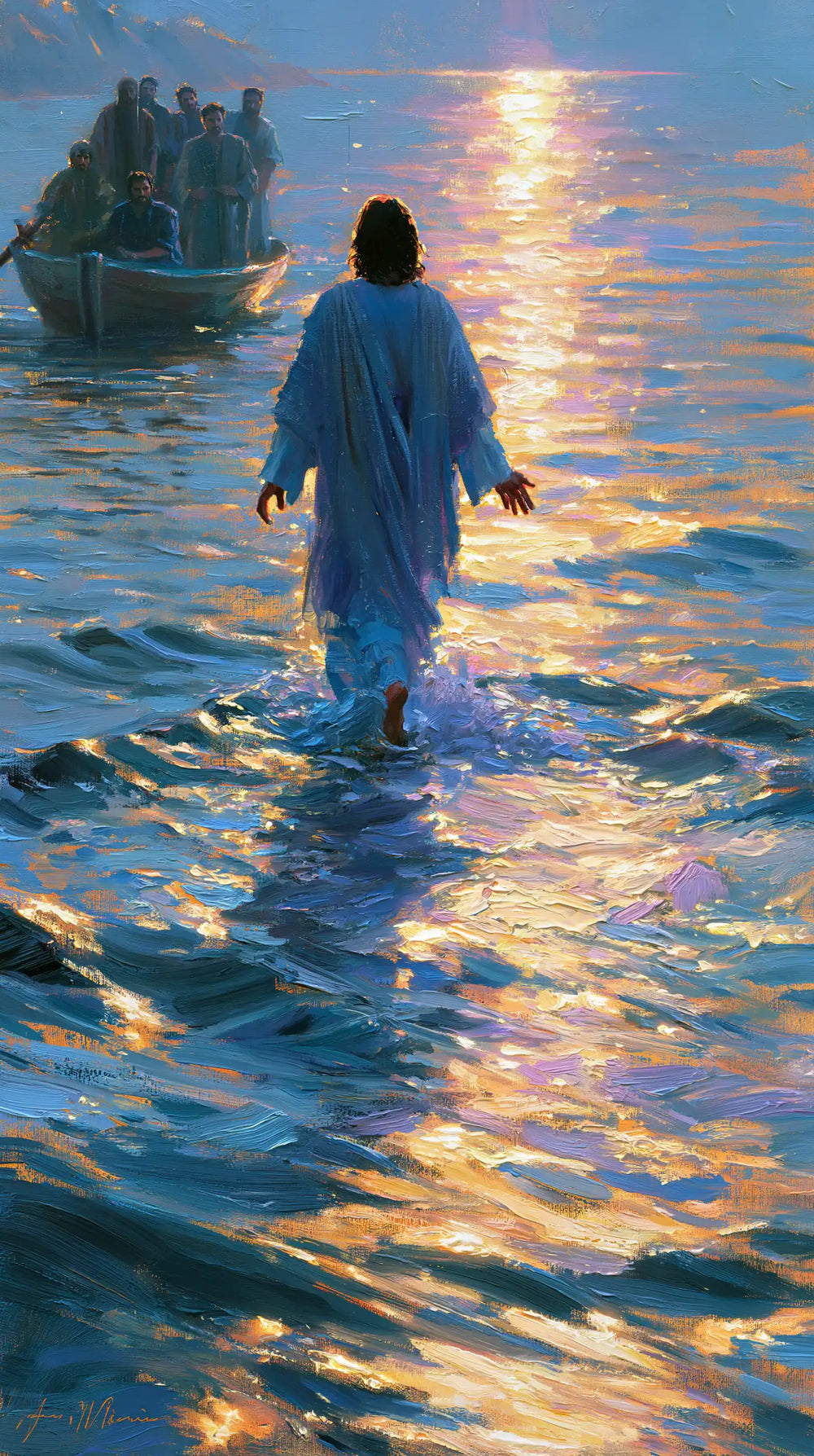 Jesus walking on water in Impressionist style, portrait Christian artwork no. 15