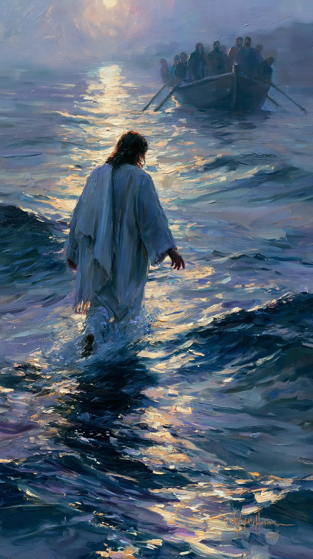 Jesus walking on water in Impressionist style, portrait Christian artwork no. 16