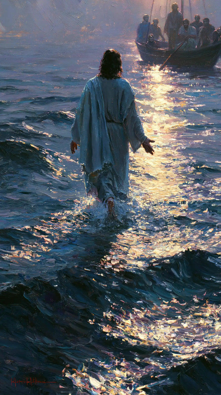 Jésus marchant sur l’eau — L’Or brisé au fil des petites vagues