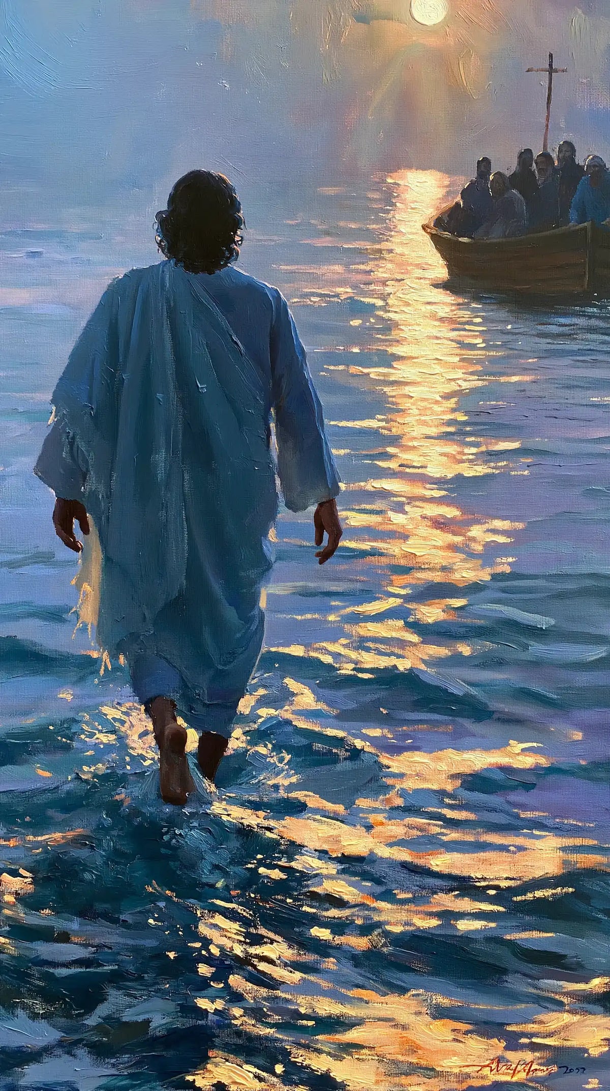 Jésus marchant sur l’eau — Le Drapé bleu au bord du soleil reflété