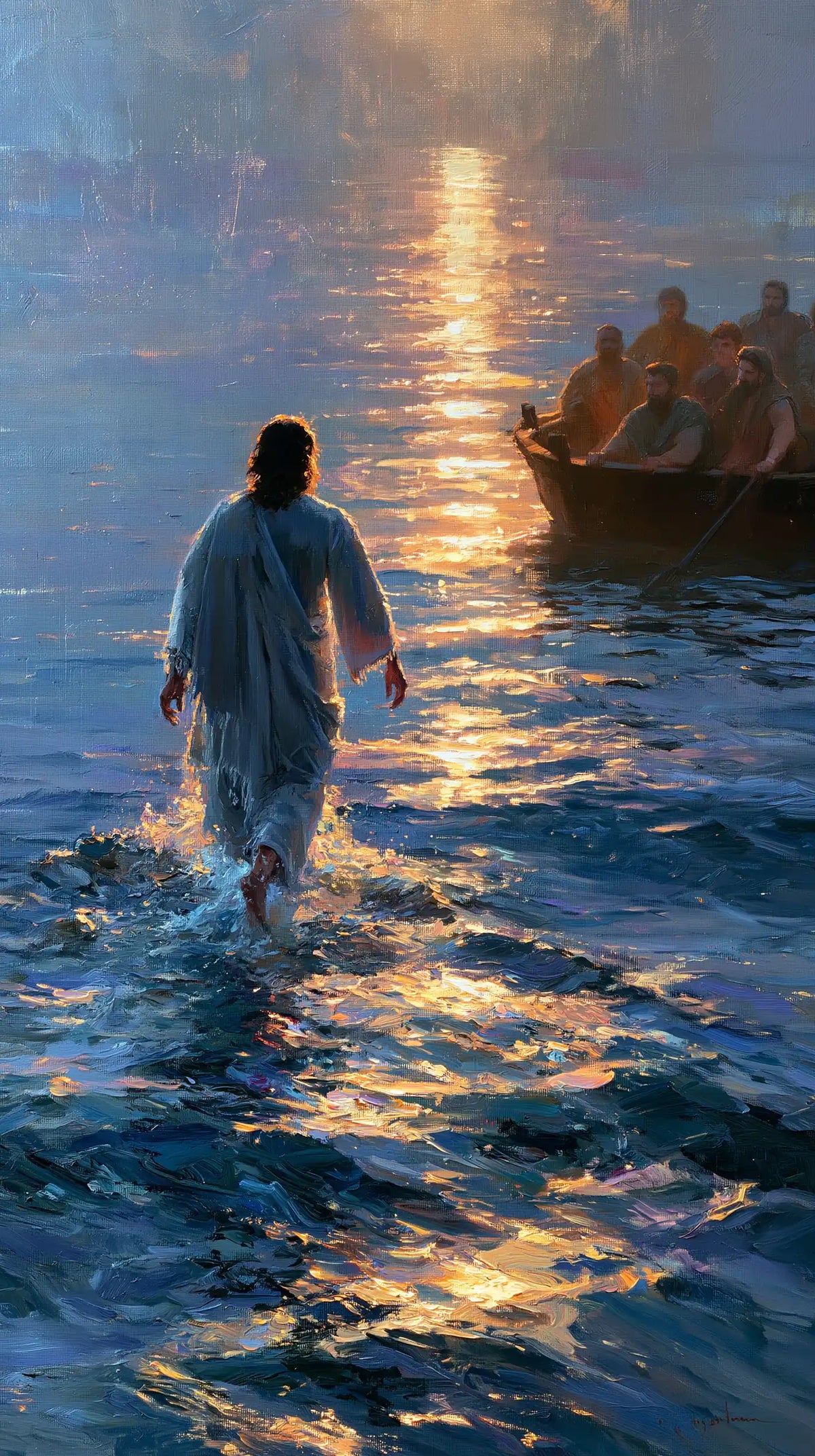 Jésus marchant sur l’eau — La Voie d’ambre près de la barque brune