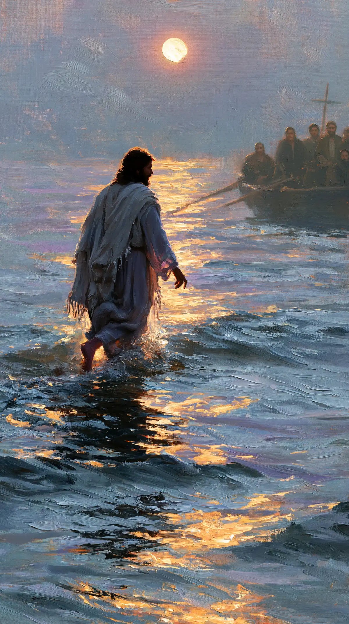 Jésus marchant sur l’eau — Le Pas oblique sous le soleil rose