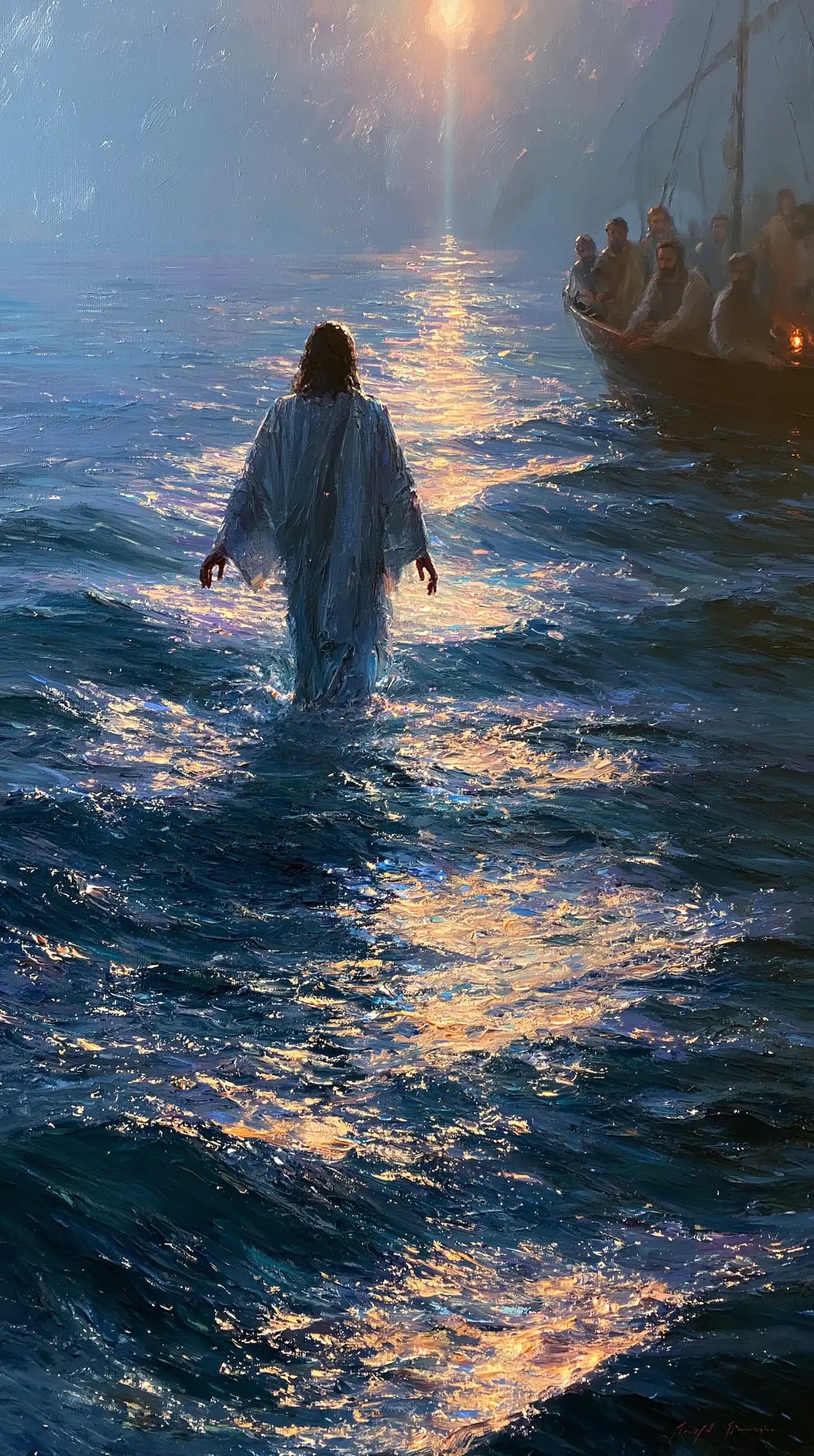 Jésus marchant sur l’eau — Le Sillage d’or sous le soleil voilé