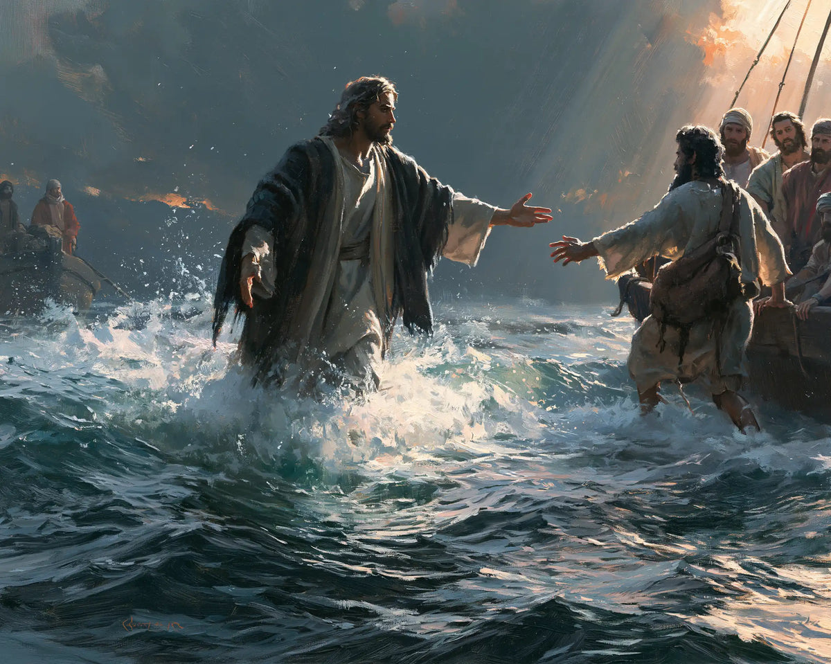 Jésus marchant sur l’eau — La Rencontre au milieu des gerbes blanches