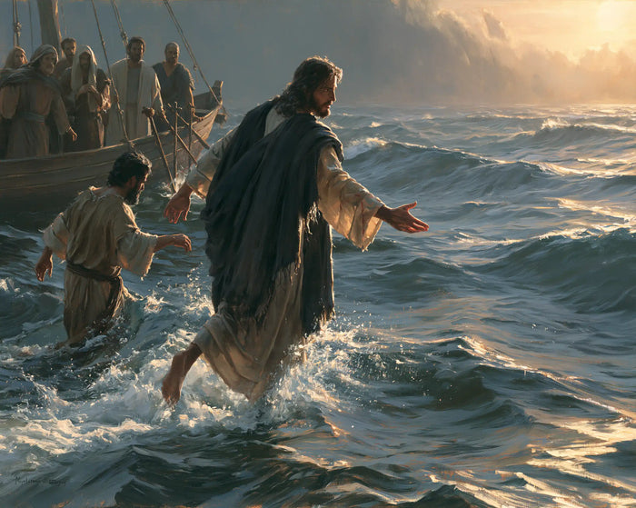 Jésus marchant sur l’eau — Le Premier Pas derrière le manteau sombre