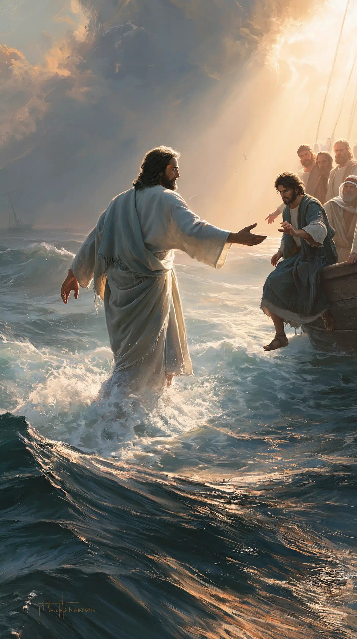 Jésus marchant sur l’eau — Le Geste blanc vers la proue éclairée