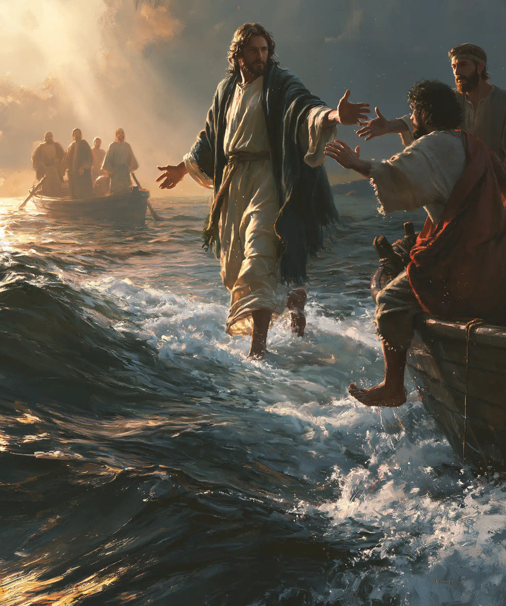 Jesus walking on water and calling Peter in Jesus Calls Peter style, portrait Christian artwork no. 16