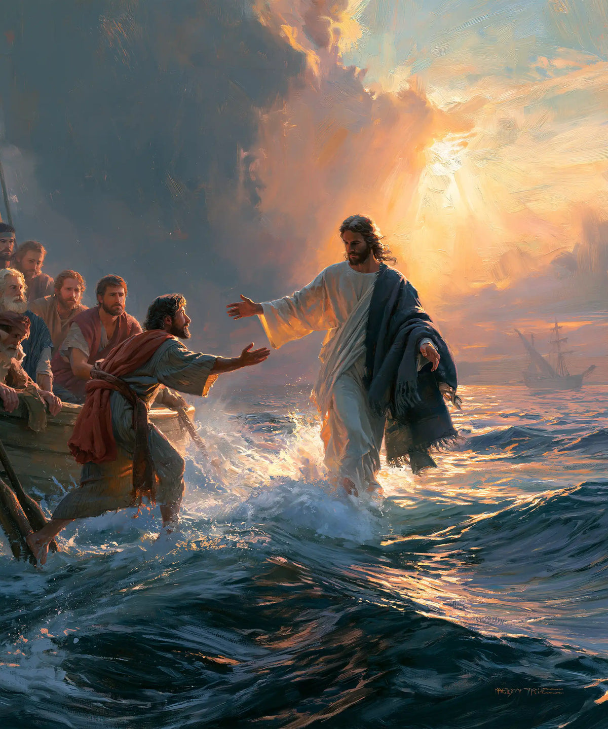 Jésus marchant sur l’eau — L’Invitation dans la flambée du ciel