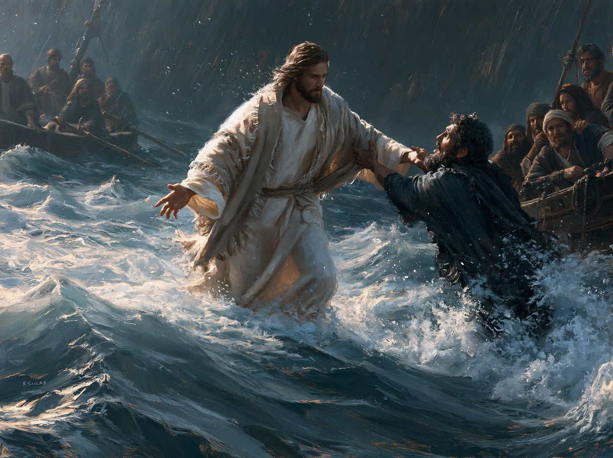 Jesus walking on water and saving Peter in Jesus Saves Peter style, landscape Christian artwork no. 9