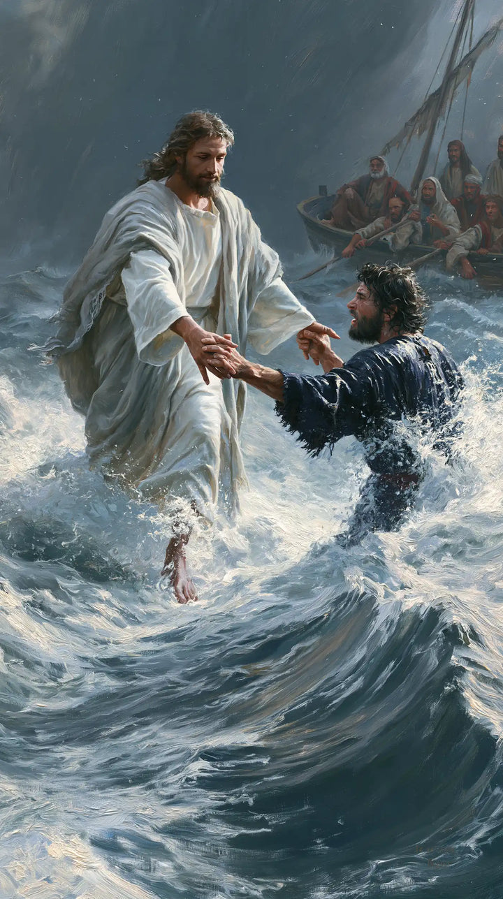 Jésus marchant sur l’eau — Les Mains réunies dans l’écume bleue