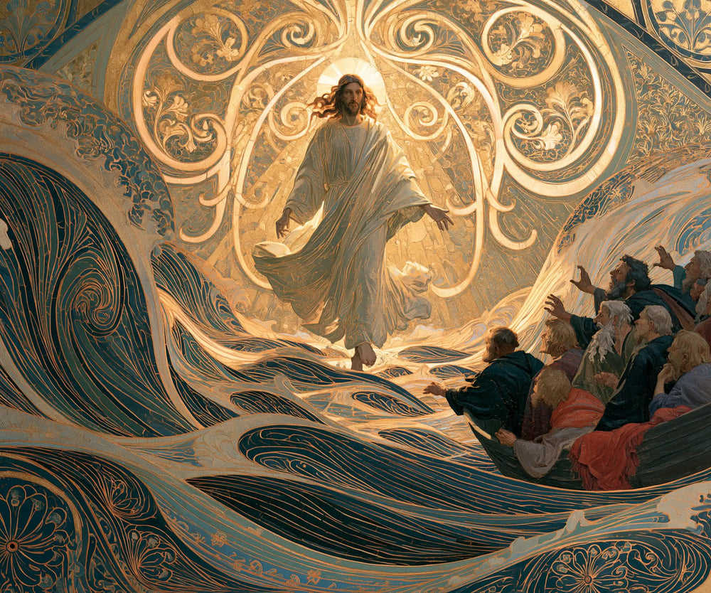 Jesus walking on water in Sacred Art Nouveau style, landscape Christian artwork no. 6