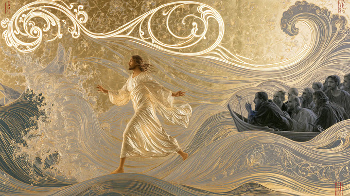 Jésus marchant sur l’eau — Le Pas d’or sur les vagues de soie