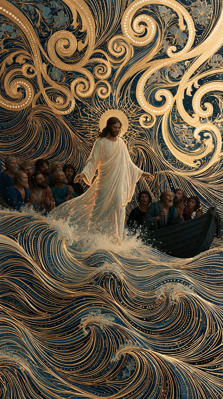 Jésus marchant sur l’eau — La Silhouette claire dans l’océan filigrané