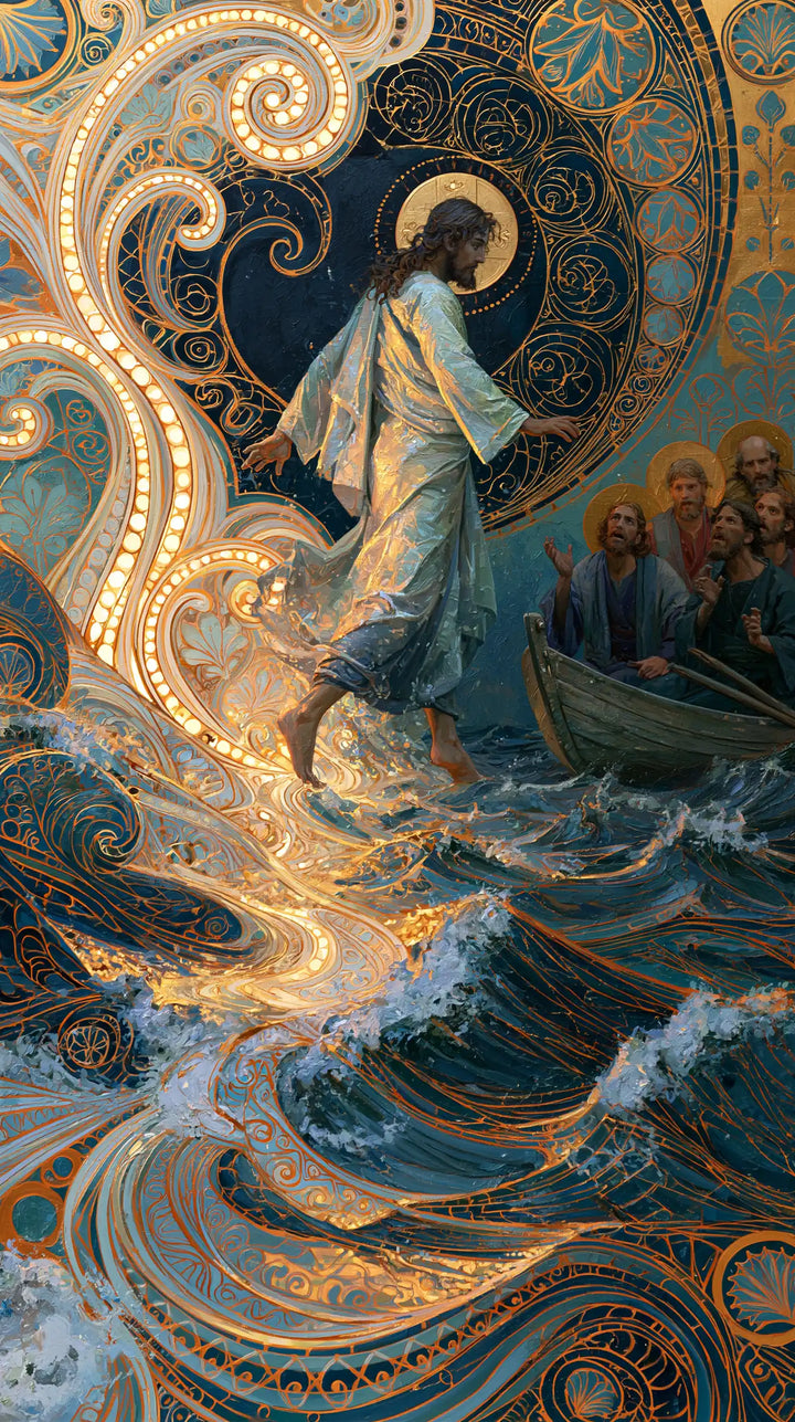 Jésus marchant sur l’eau — Le Chemin doré sous le médaillon de nuit