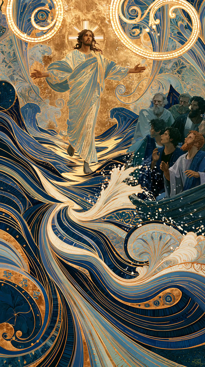 Jésus marchant sur l’eau — L’Offrande claire dans les vagues d’encre bleue