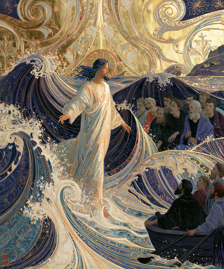 Jésus marchant sur l’eau — Le Geste clair entre deux barques de nuit
