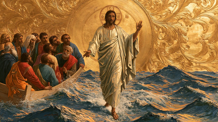 Jésus marchant sur l’eau — La Bénédiction dans le médaillon fleuri