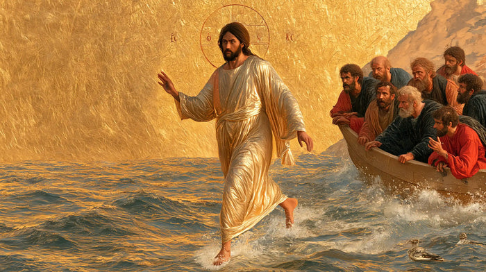 Jésus marchant sur l’eau — Le Pas de soie près de la coque brune