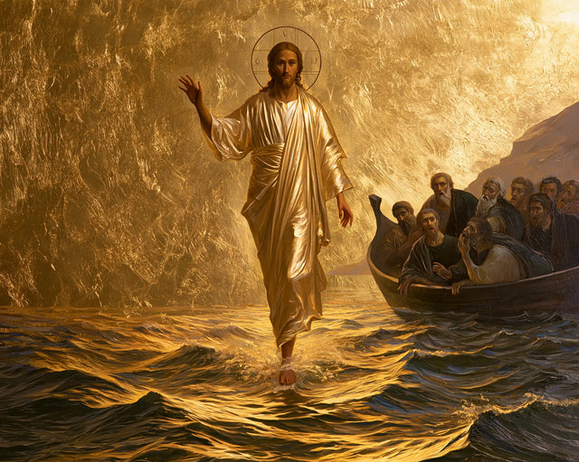Jésus marchant sur l’eau — Le Geste d’or près de la rive sombre