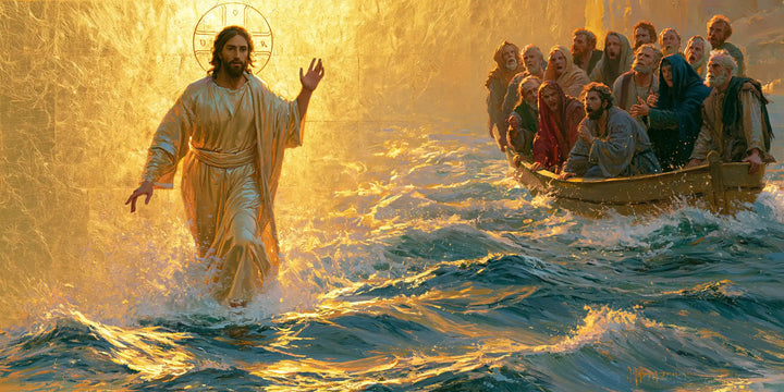 Jésus marchant sur l’eau — La Main levée sur le turquoise doré