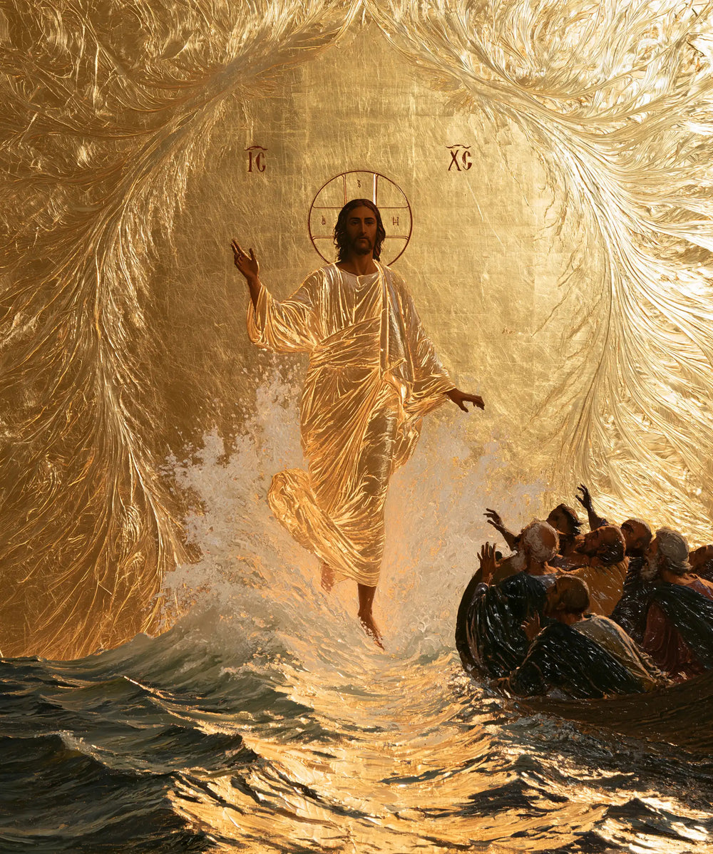 Jesus walking on water in Sacred Gold style, portrait Christian artwork no. 27
