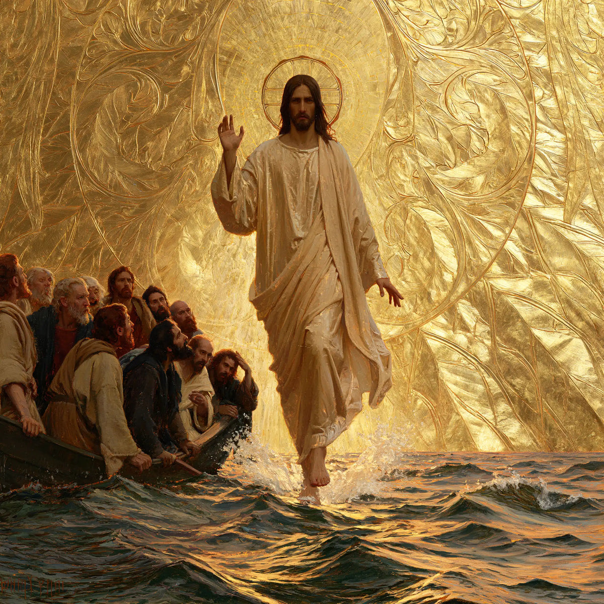 Jésus marchant sur l’eau — Le Lin devant le relief du ciel d’or