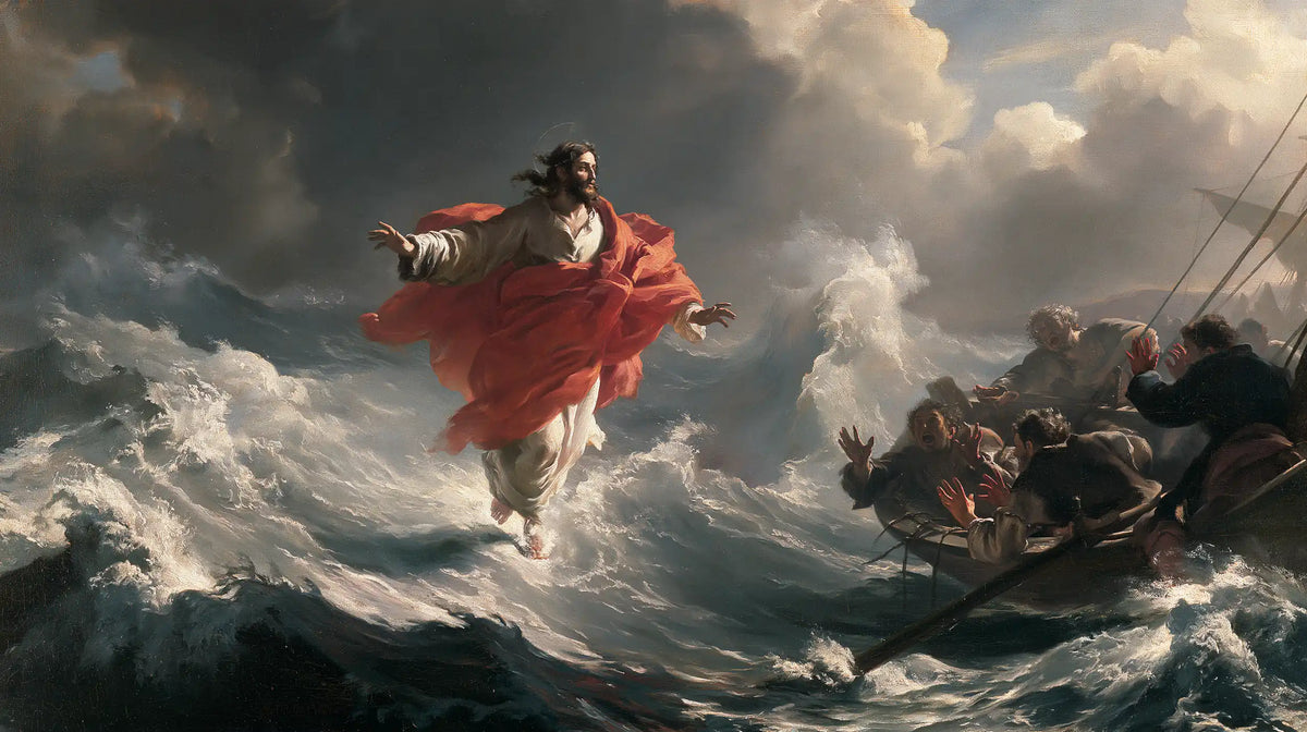 Jésus marchant sur l’eau — L’Étoffe rouge dans le souffle des embruns