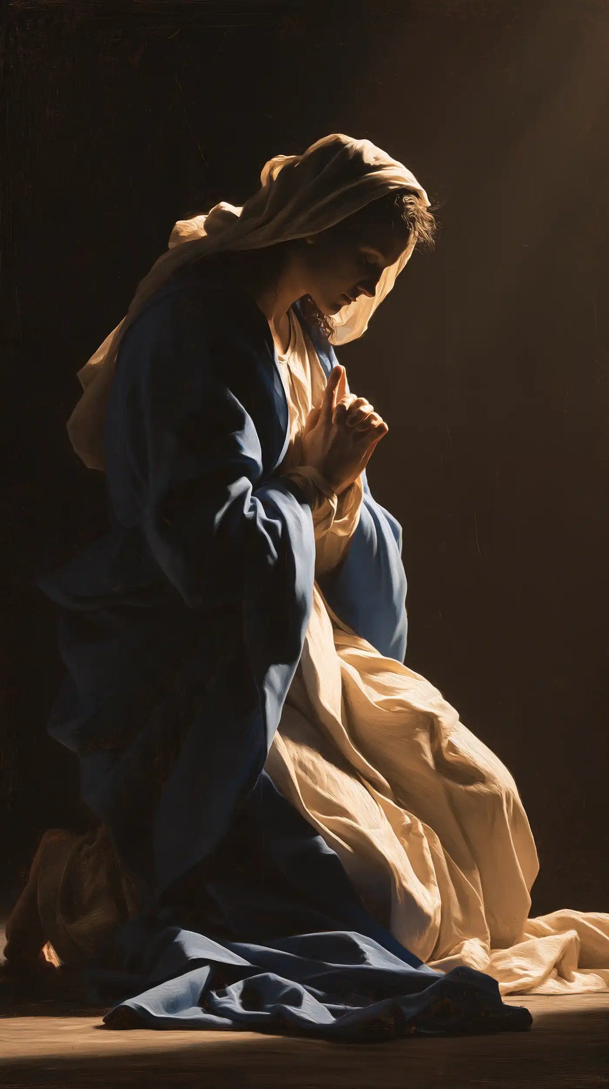 La Vierge en prière — Le Profil bordé de lumière chaude