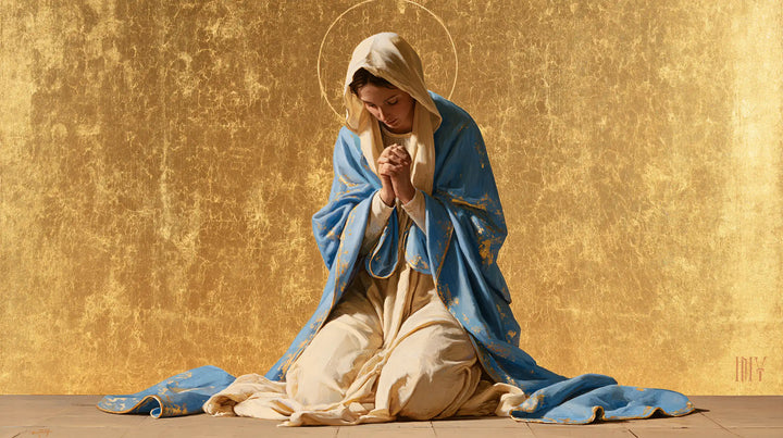 La Vierge en prière — L’Humble Figure dans l’immensité d’or