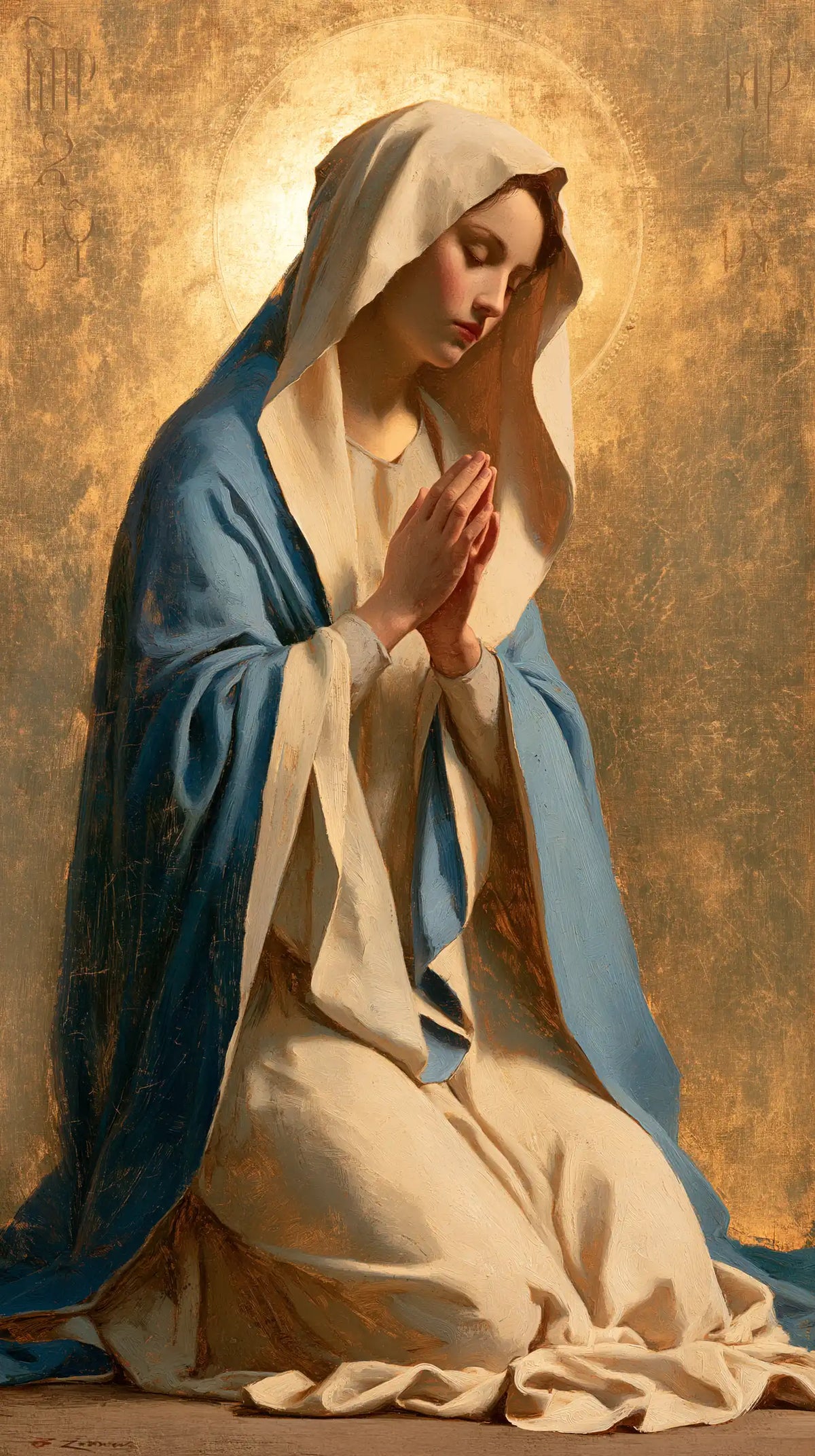 La Vierge en prière — Le Voile clair dans la chaleur de l’or