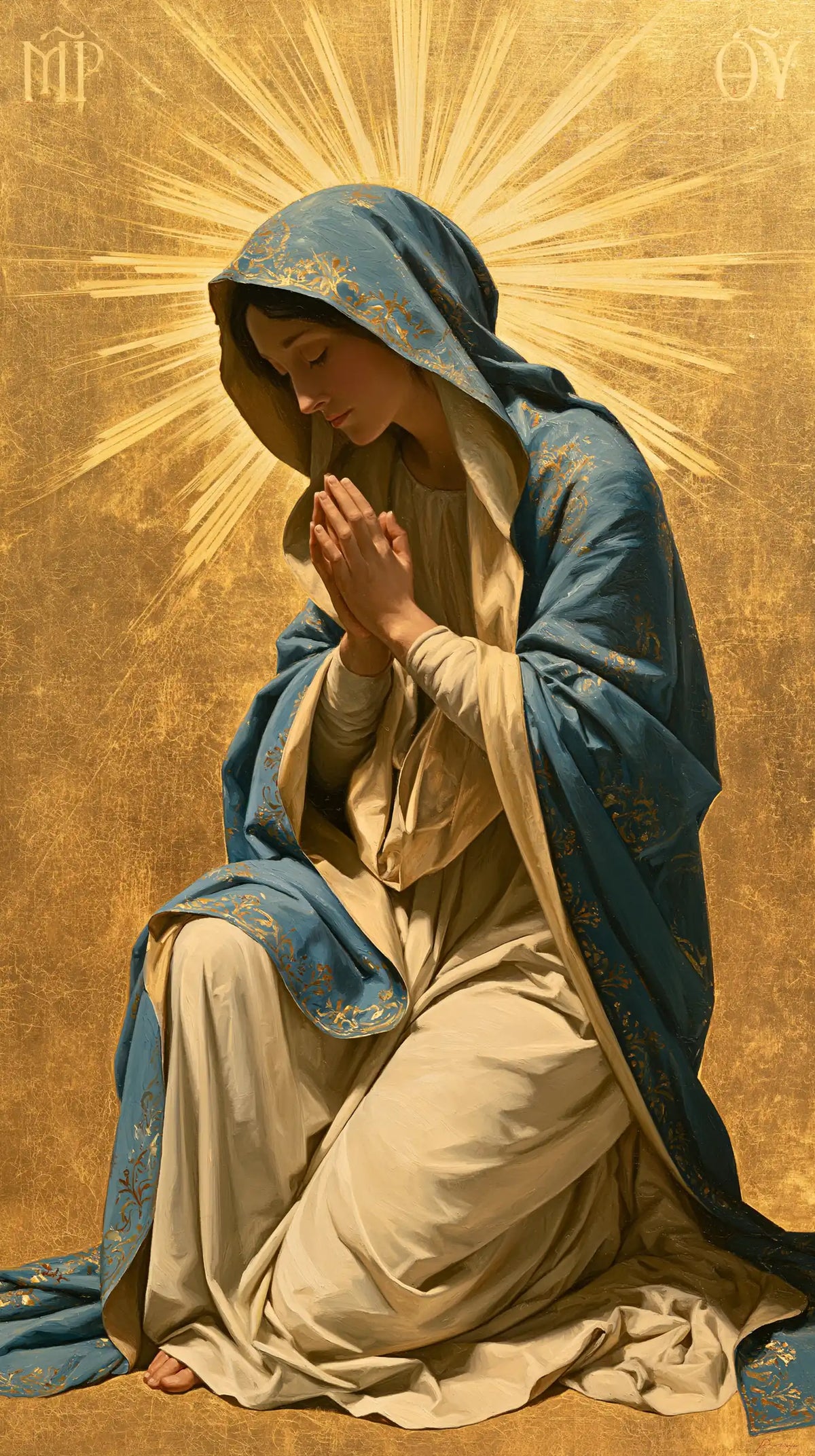 La Vierge en prière — L’Éventail de lumière sacrée