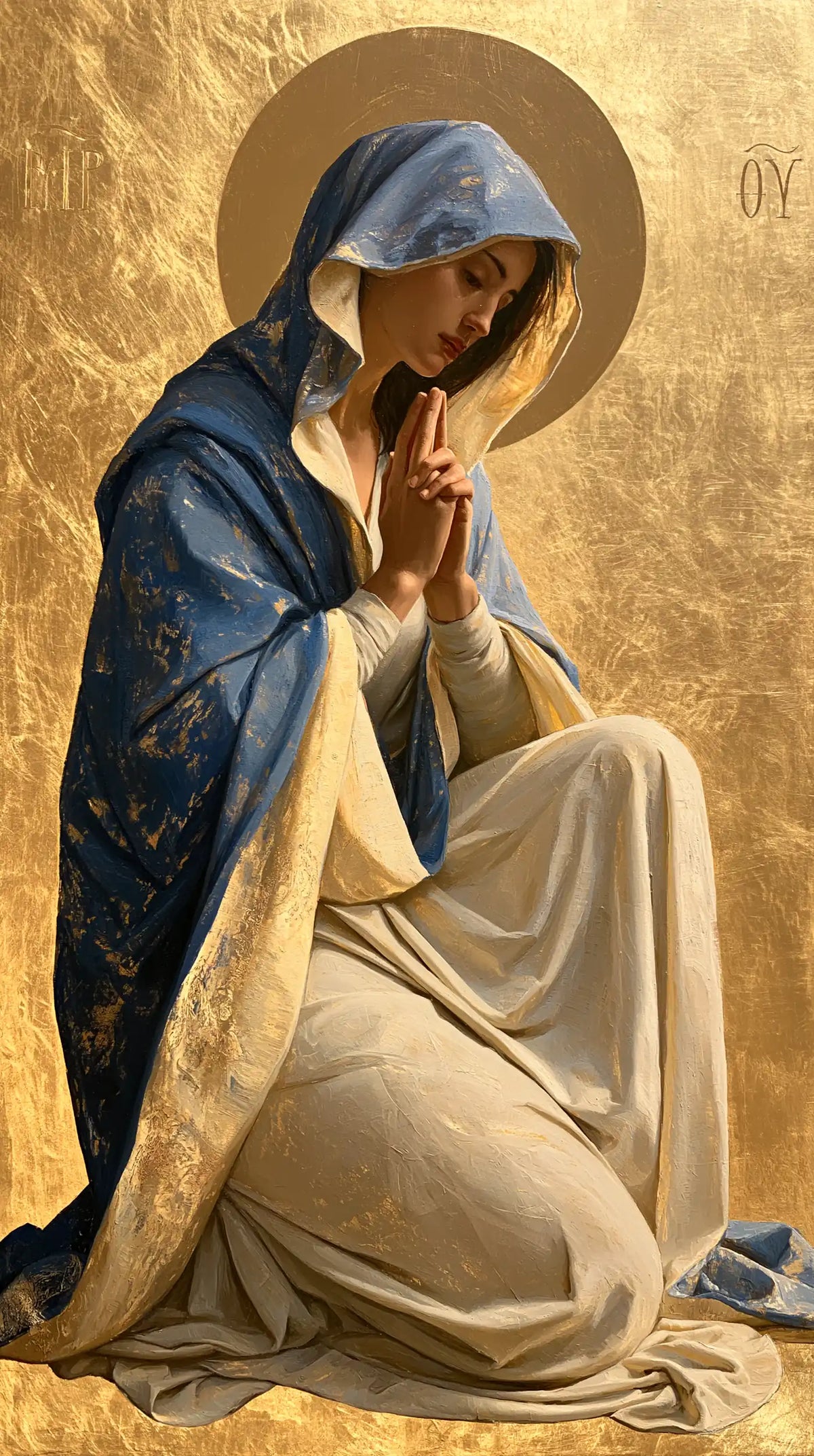 La Vierge en prière — Le Genou d’ivoire sous le nimbe sombre
