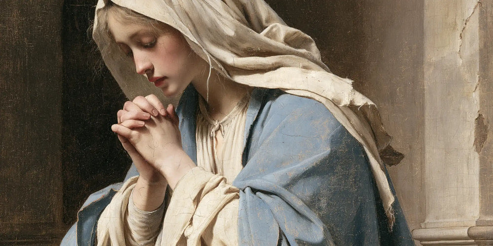 the Virgin Mary in prayer in Florentine Renaissance style, landscape Christian artwork no. 22