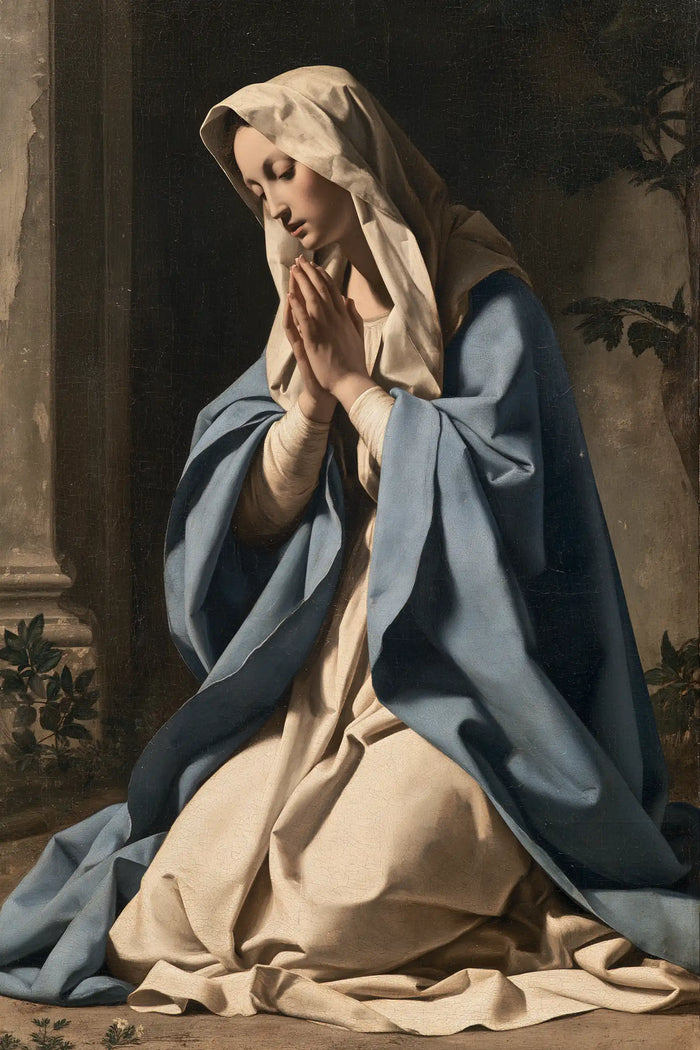 La Vierge en prière — Le Voile beige dans la paix de la pierre