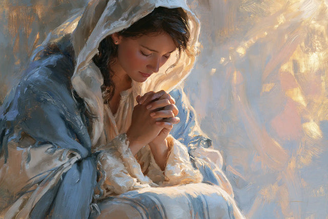 La Vierge en prière — Les Mains au-dessus du bleu nacré