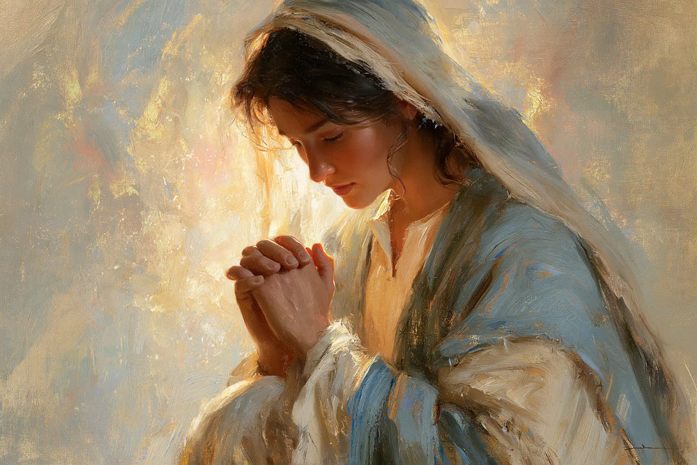the Virgin Mary in prayer in Impressionist style, landscape Christian artwork no. 9