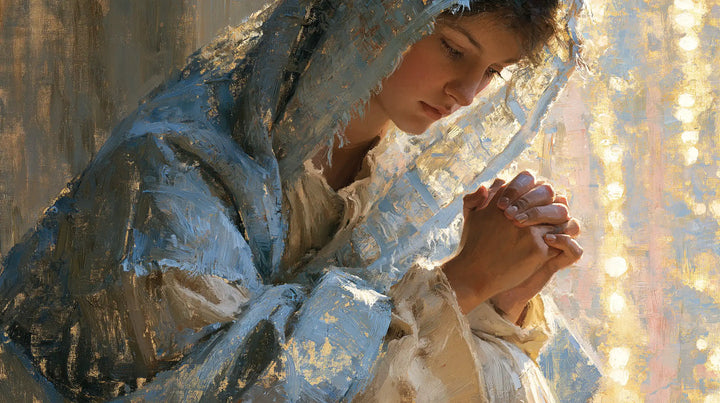 La Vierge en prière — Les Mains dans le rideau de lumière