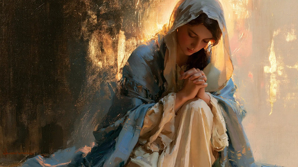 the Virgin Mary in prayer in Impressionist style, landscape Christian artwork no. 13