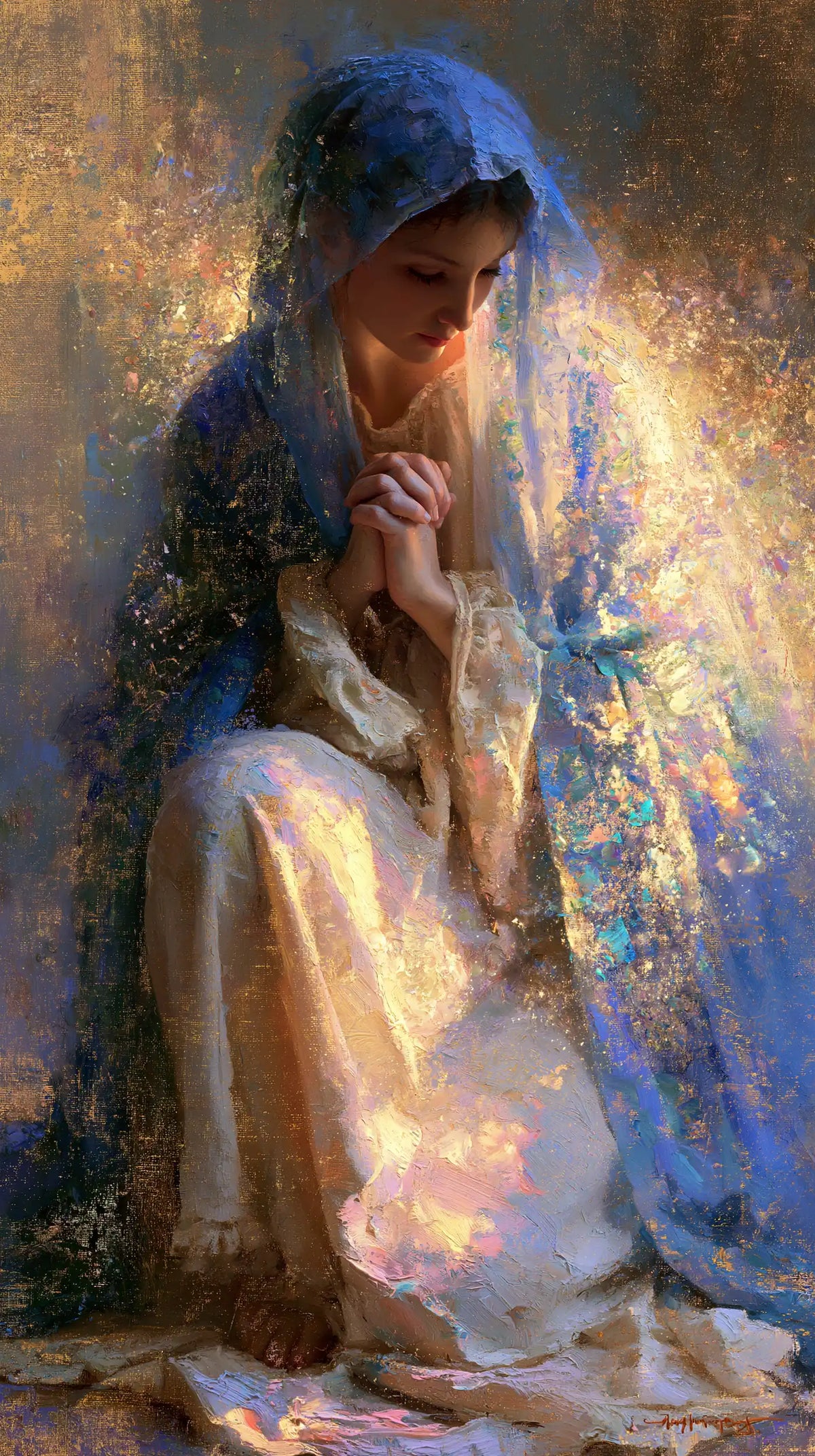 the Virgin Mary in prayer in Impressionist style, portrait Christian artwork no. 5