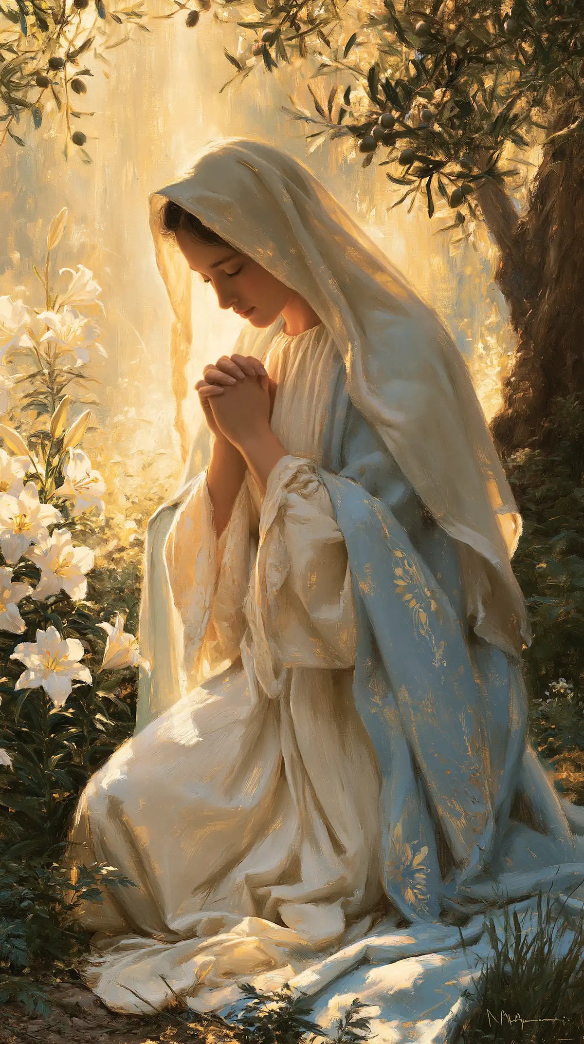 La Vierge en prière — La Lumière entre les fleurs blanches