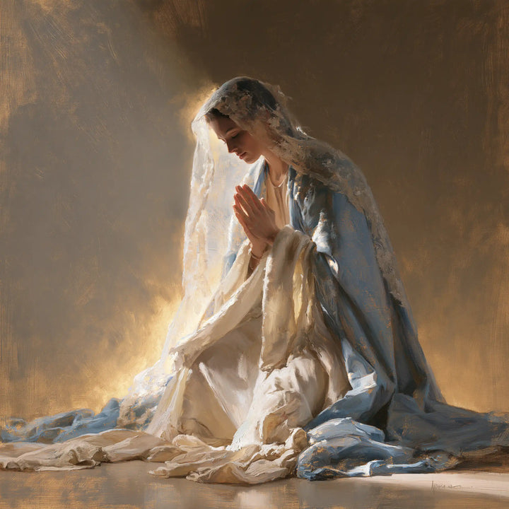 La Vierge en prière — Le Voile blanc dans le silence ambré