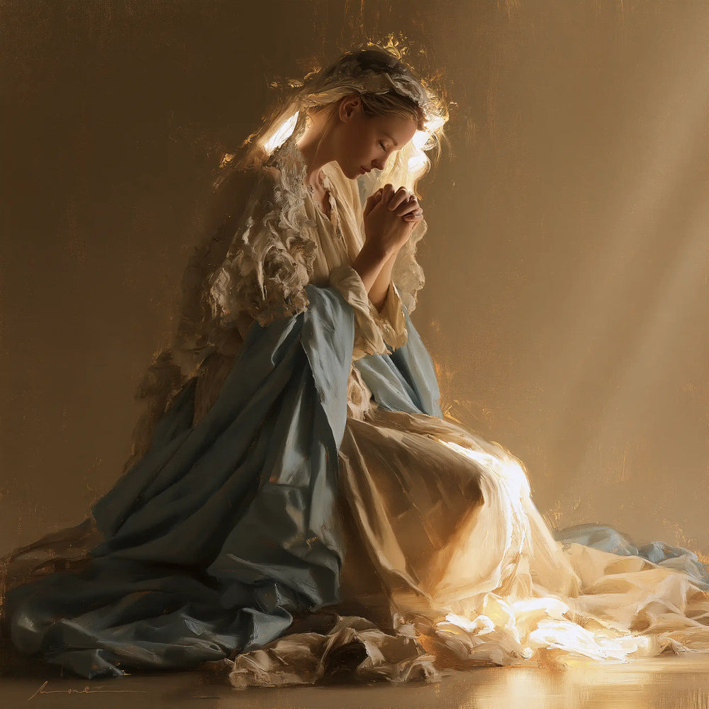 the Virgin Mary praying in a biblical-era interior in Mary in a Biblical Interior style, square Christian artwork no. 4