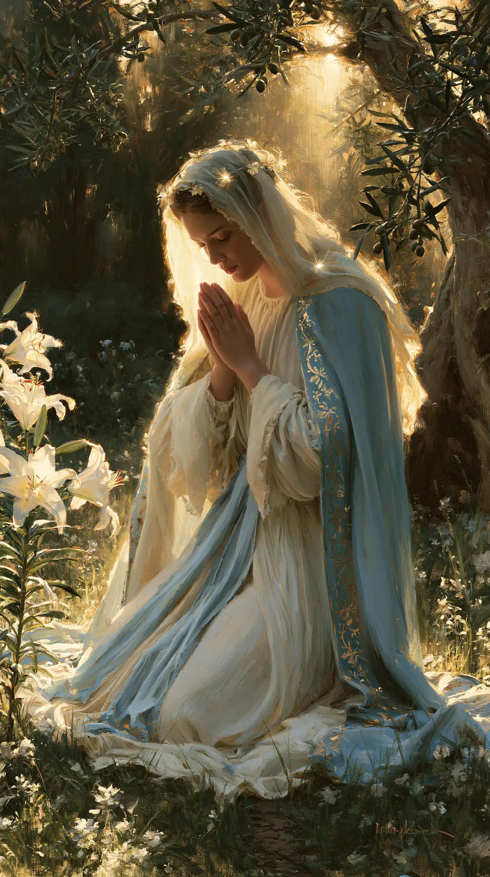 the Virgin Mary praying in a sacred garden in Mary in a Sacred Garden style, portrait Christian artwork no. 7