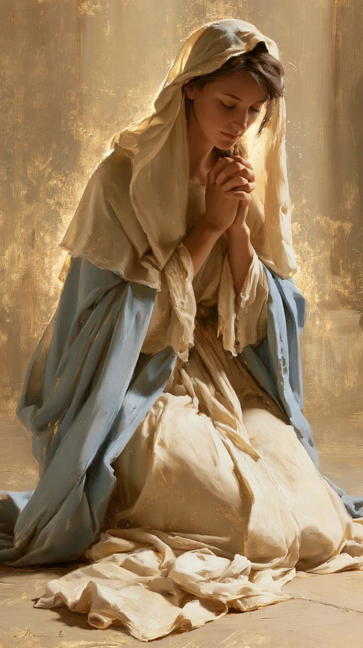La Vierge en prière — Le Voile beige dans la lumière divine