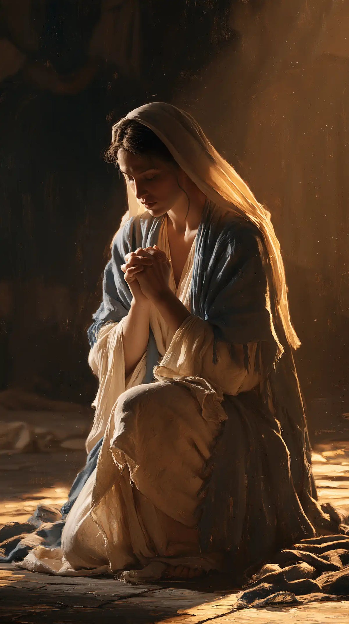 La Vierge en prière — Le Voile ambré dans la pénombre