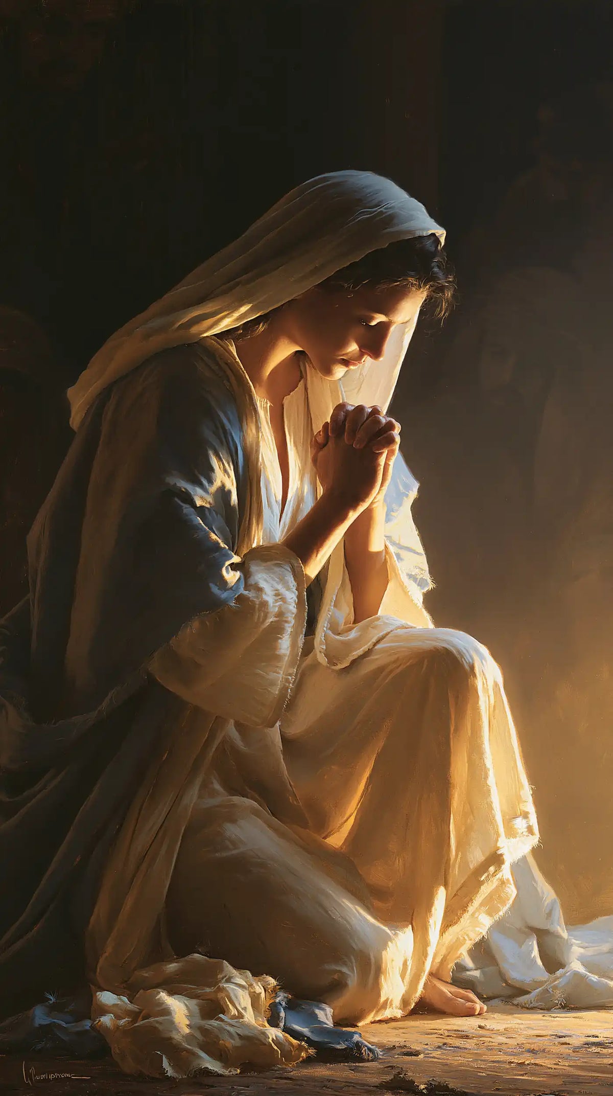 La Vierge en prière — Le Genou dans la lumière cuivrée