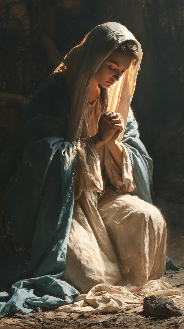 La Vierge en prière — Le Bleu vert dans le silence de pierre