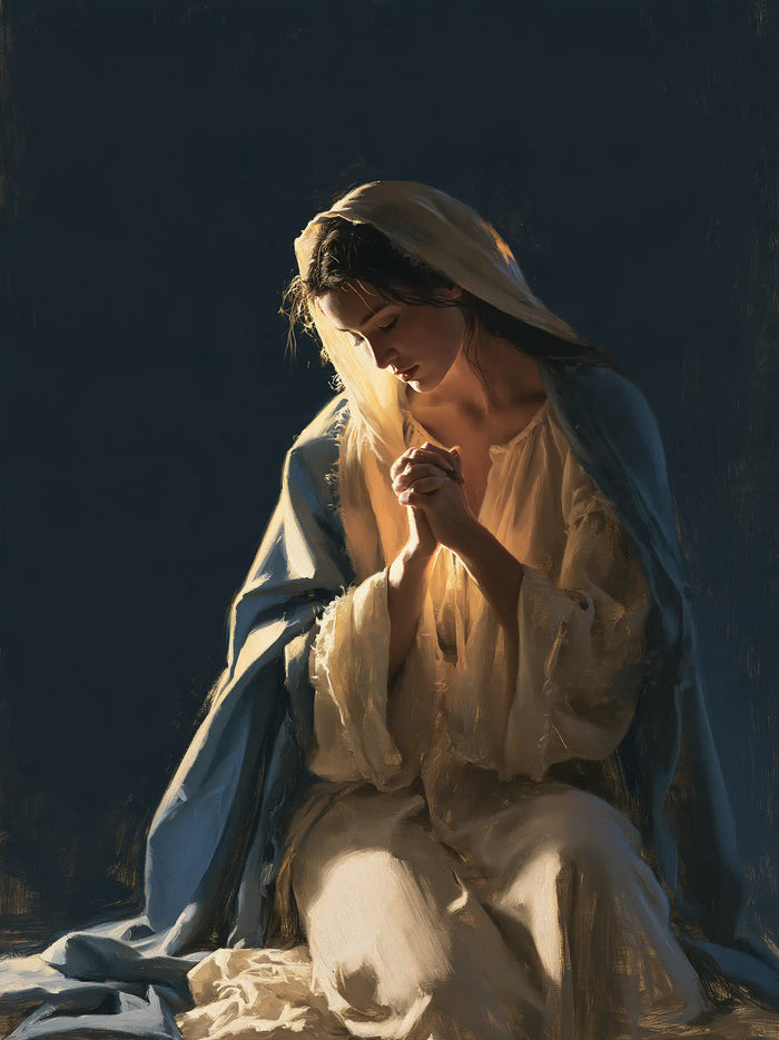 La Vierge en prière — Les Mains éclairées dans la nuit calme