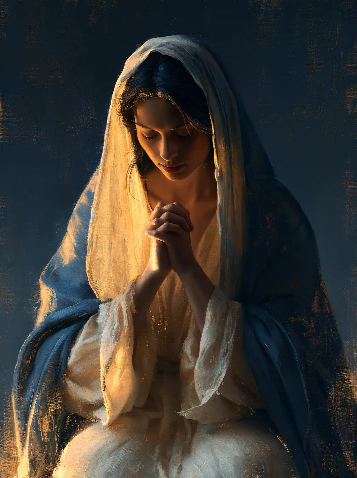 La Vierge en prière — L’Or intérieur du voile bleu