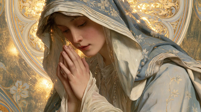 La Vierge en prière — Les Paumes devant le cercle ouvragé